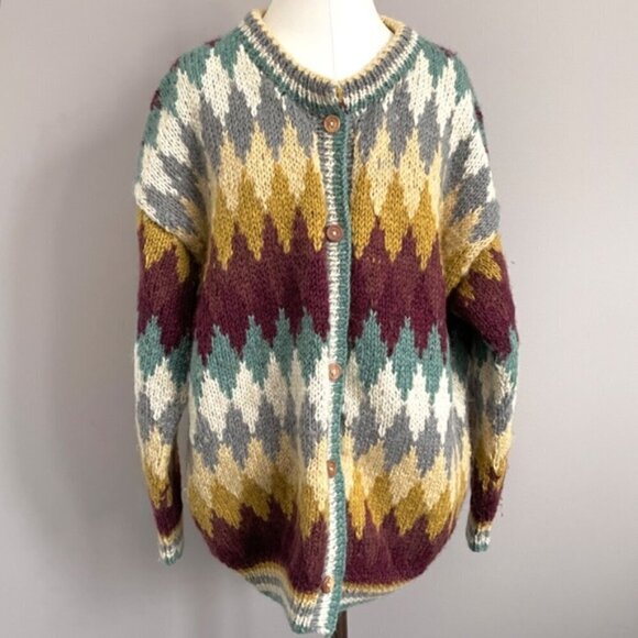 Handknit CHUNKY Colourful Diamond Wool Cardigan - L, made in Nepal 🇳🇵 - Picture 2 of 9